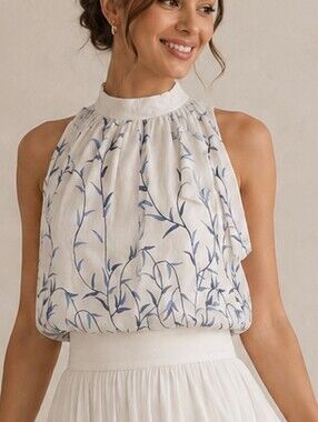 Silk Lightweight White Top Blue Vine Print Tie Back Made Italy Sz M Fairycore